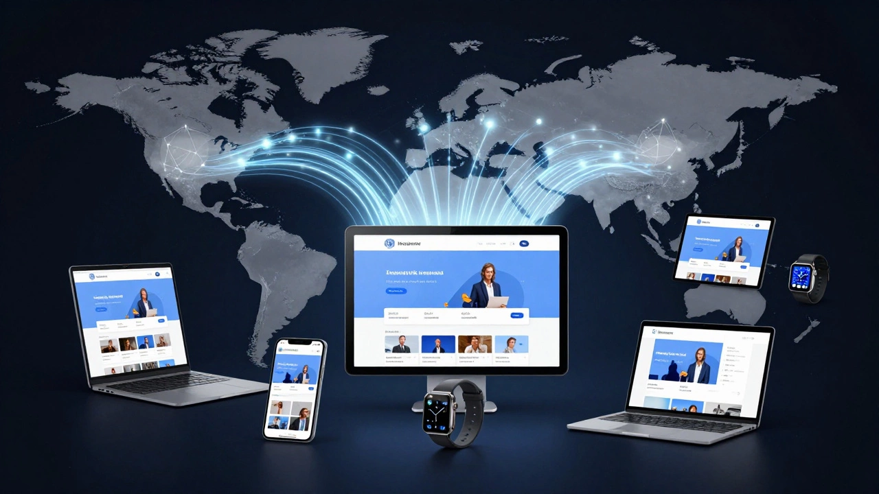 Global map with web traffic flowing to a responsive website displayed on diverse devices from phones to car dashboards.