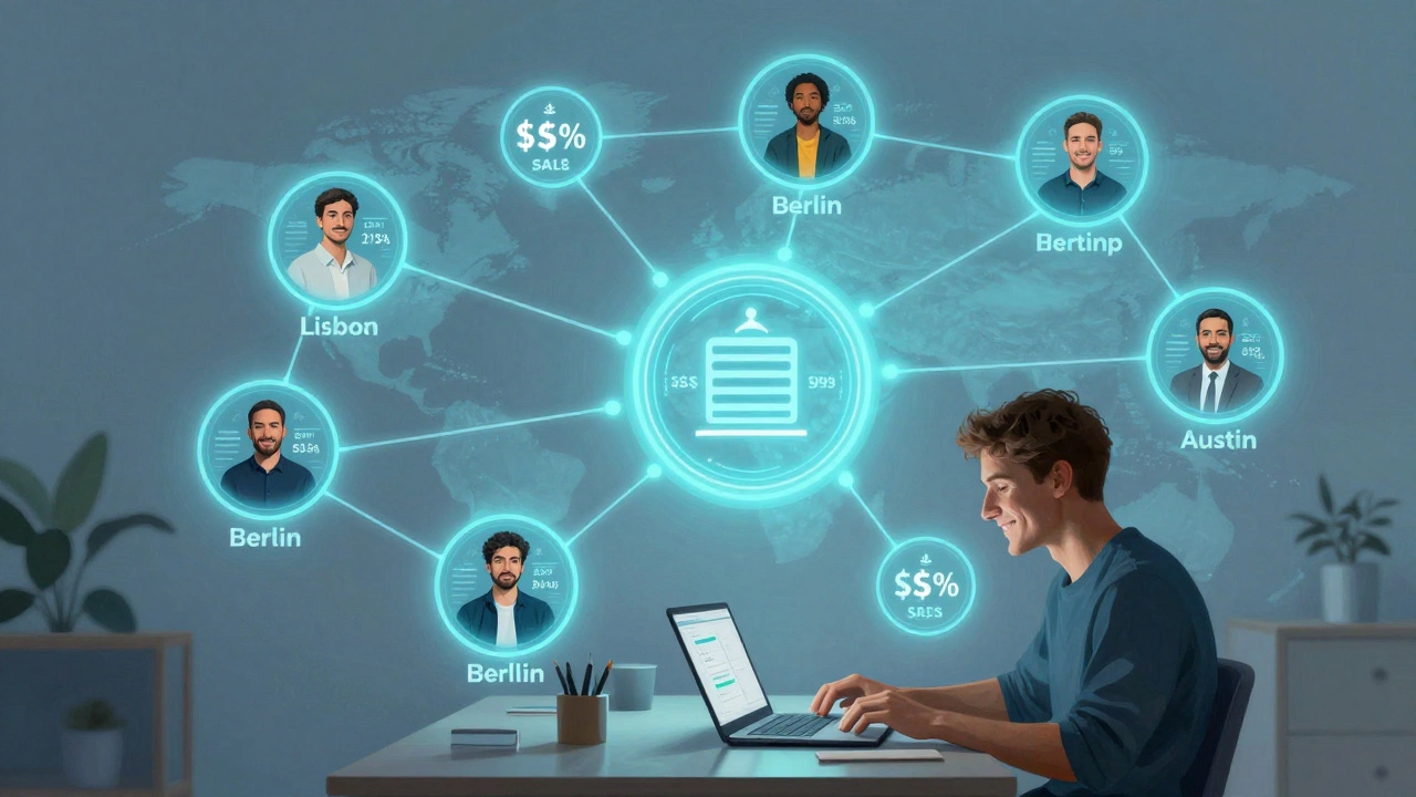 Global network of remote developers connected to a U.S. company, with salary indicators.