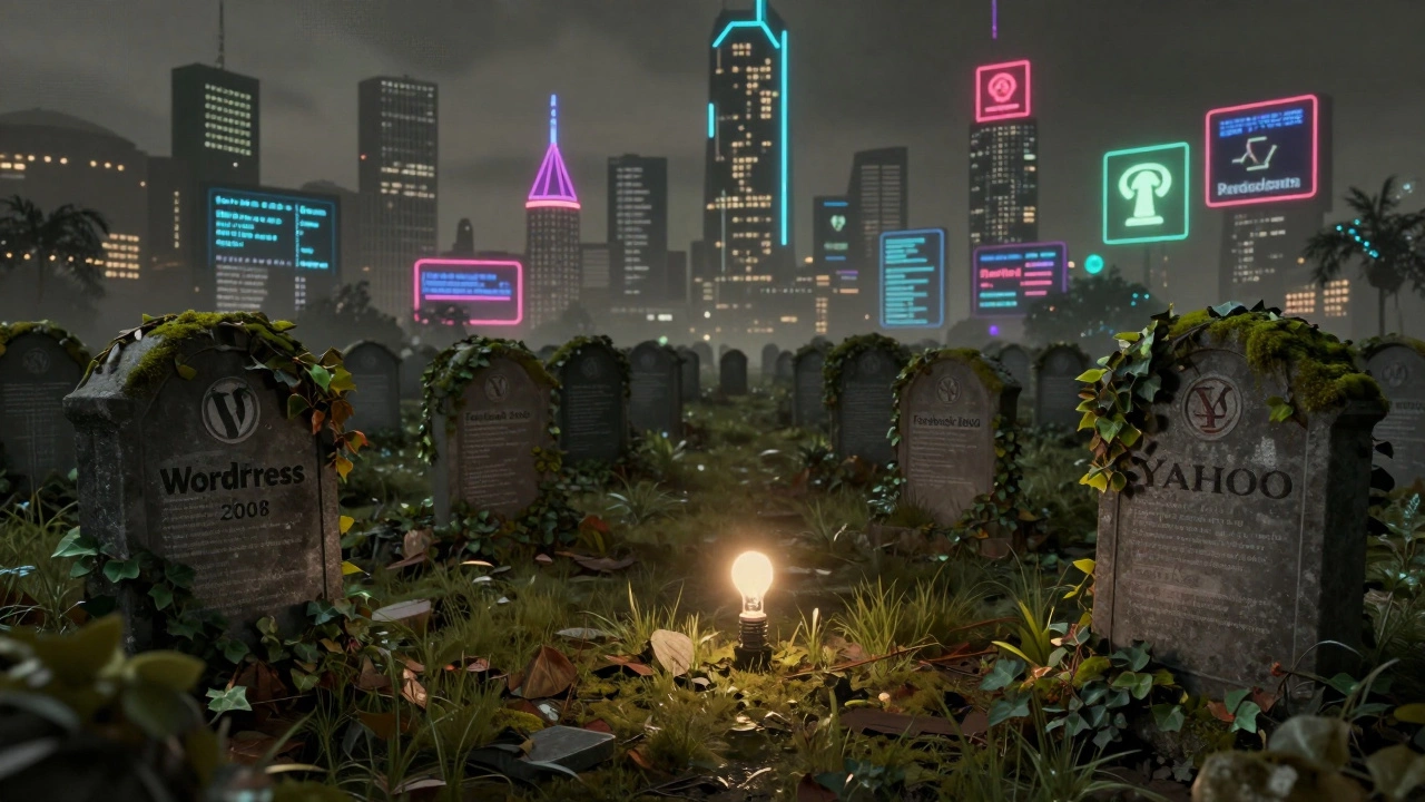 Graveyard of old websites with PHP script flickering faintly under modern frameworks.