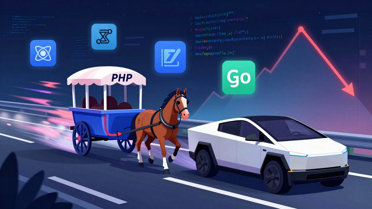 Horse-drawn cart labeled PHP being overtaken by a Tesla-like Node.js vehicle on a digital highway.