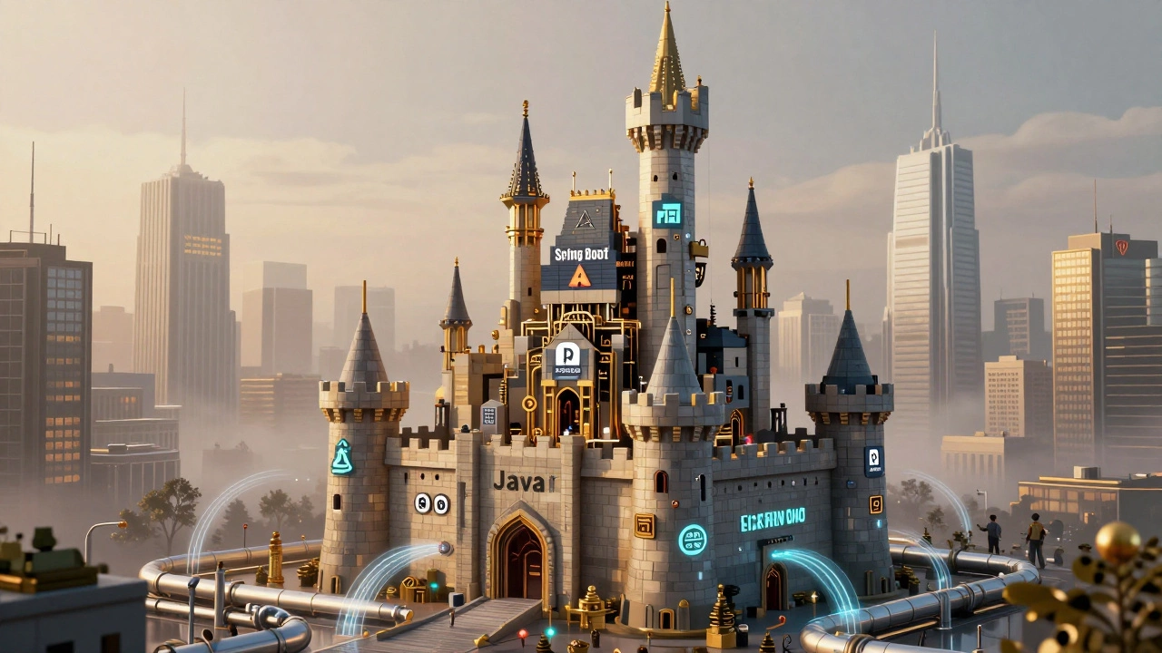 Mechanical castle built from Java code blocks in a financial district at dusk.