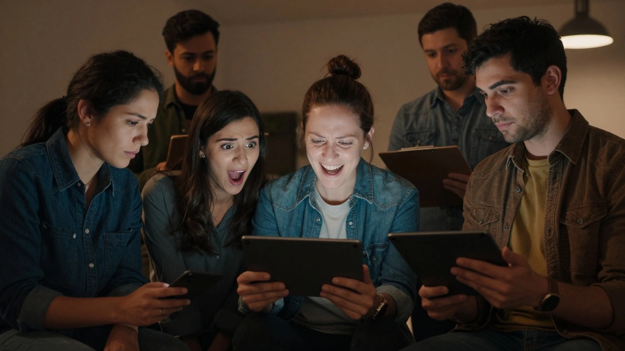 People testing a prototype, one frowning, another laughing, designer observing silently.