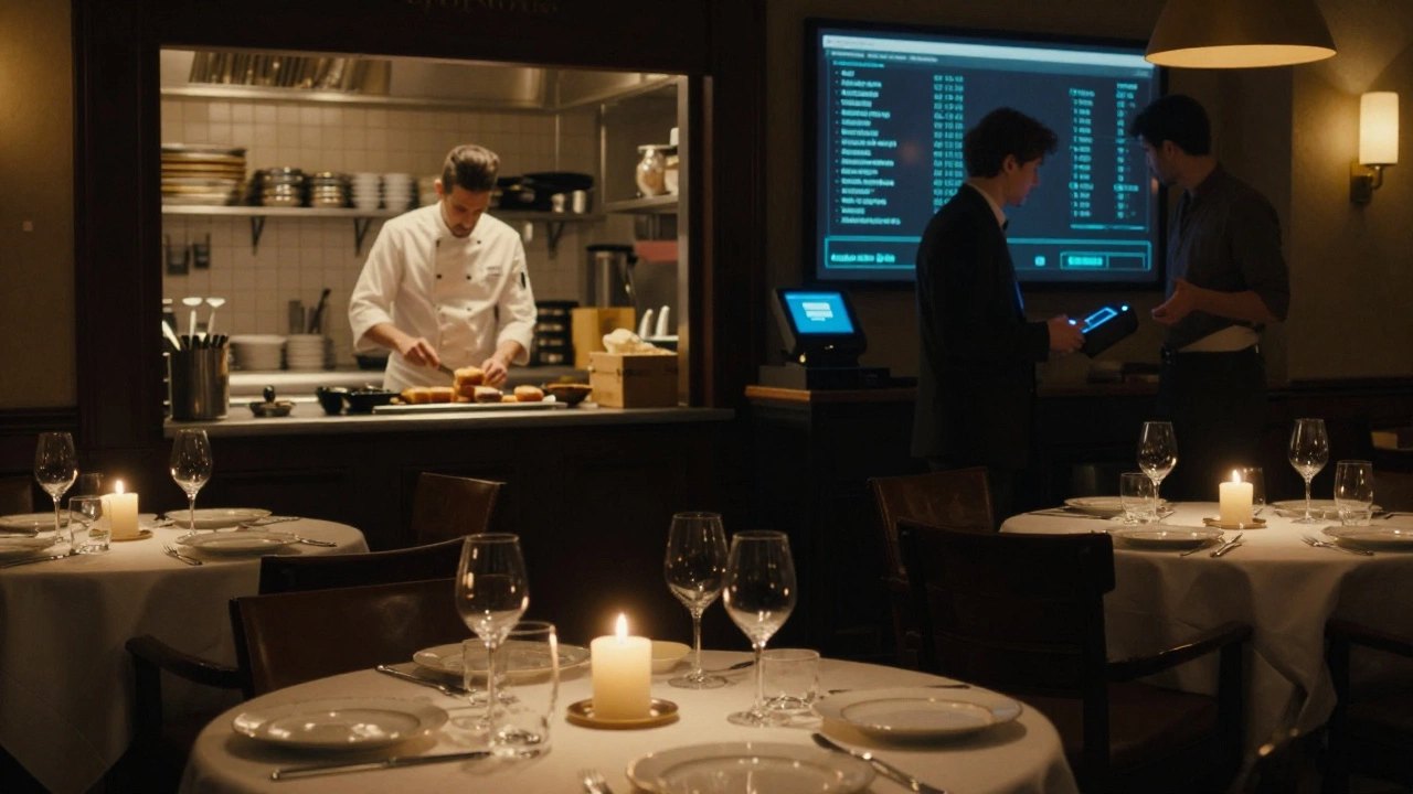 Restaurant scene: elegant tables on left, bustling kitchen with food and payments on right, symbolizing static vs dynamic web.