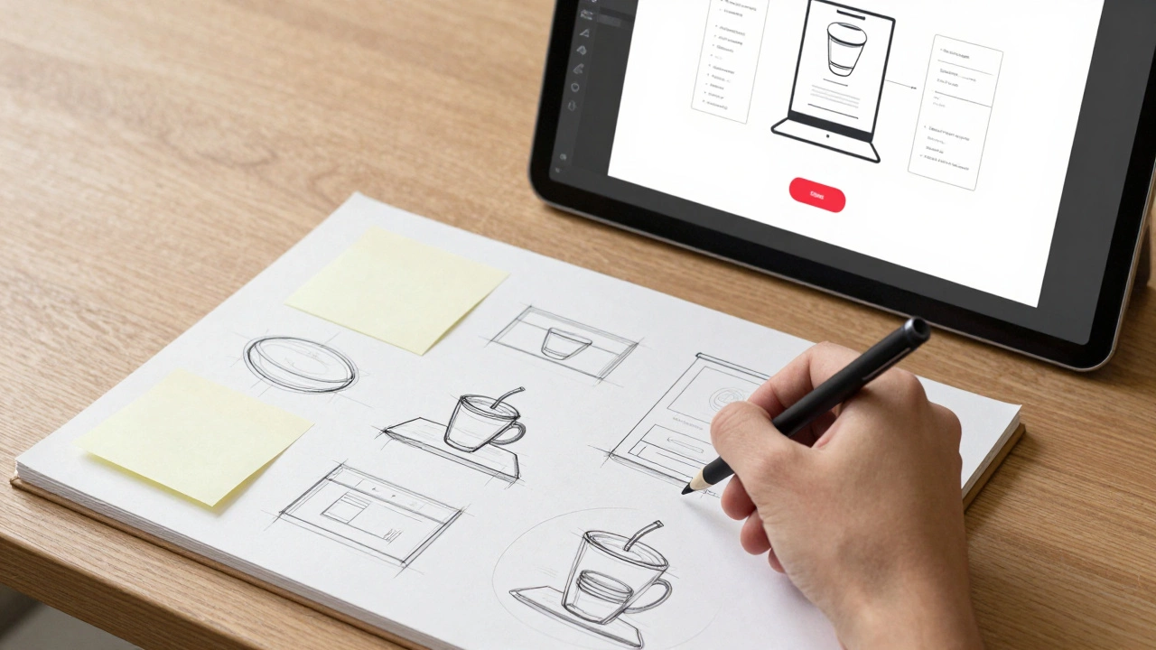 Sketches and wireframes next to a simplified coffee shop checkout design on screen.