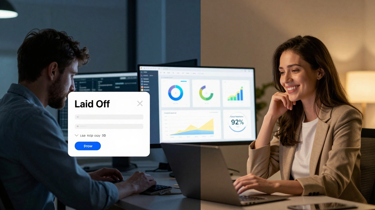 Split image comparing stressed corporate developer with confident freelancer managing multiple clients.