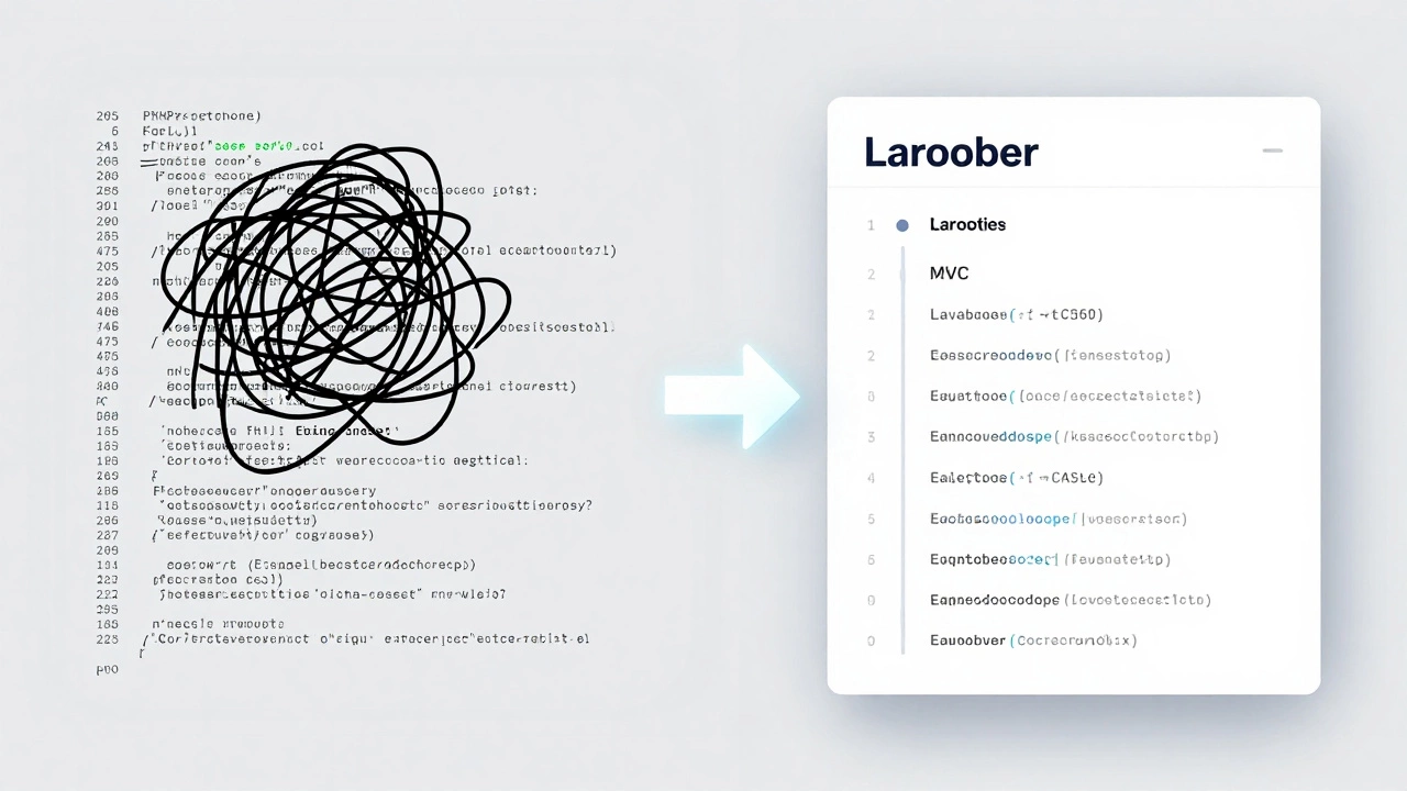 Split-screen comparison of outdated PHP code versus modern Laravel code