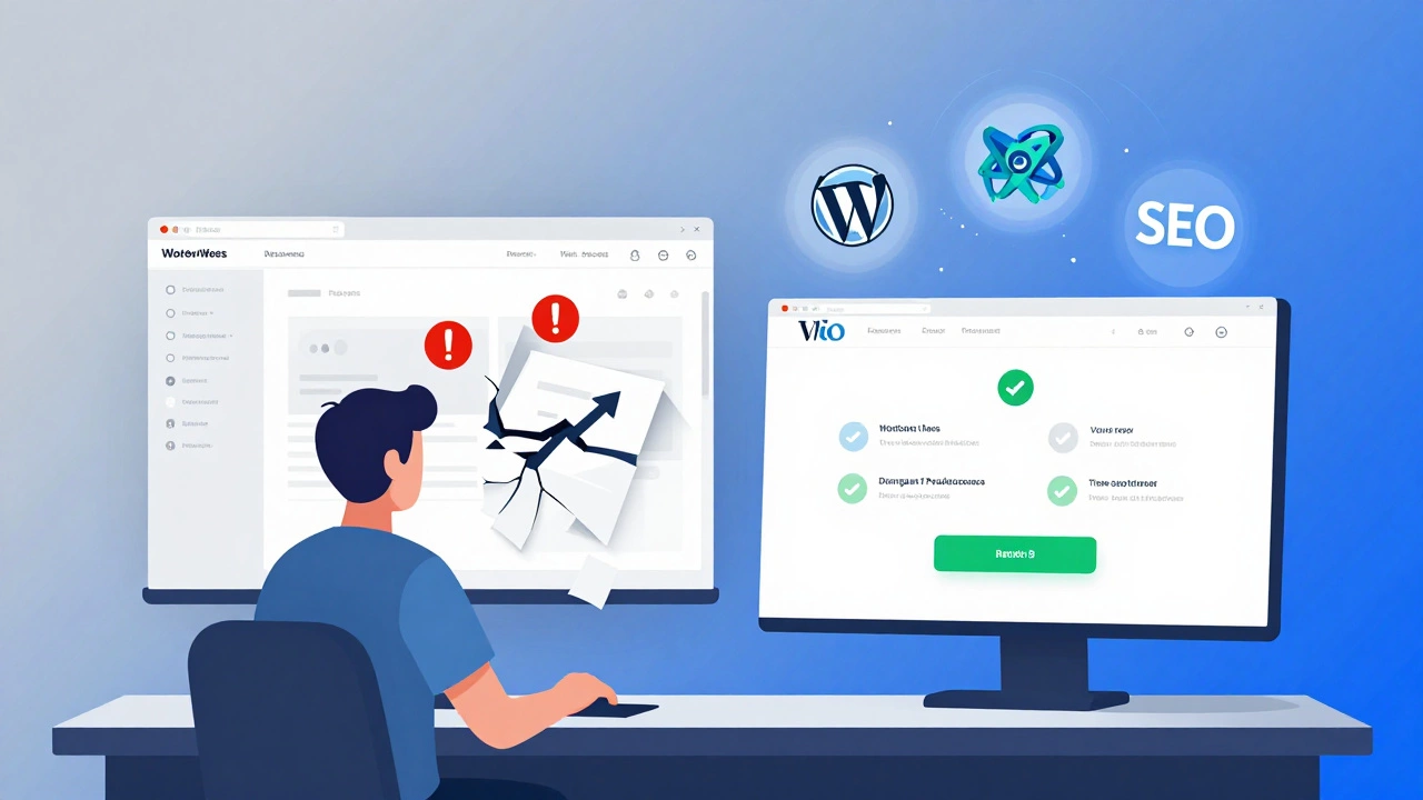 Split-screen illustration of a broken website transforming into a modern, optimized site with digital tools floating around.