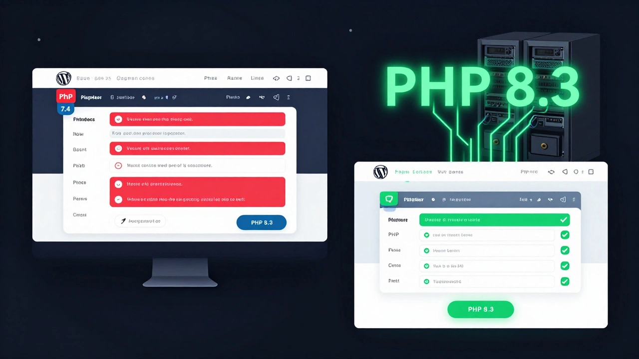 Split-screen showing a broken WordPress site on old PHP versus a smooth site on PHP 8.3 with glowing indicators.