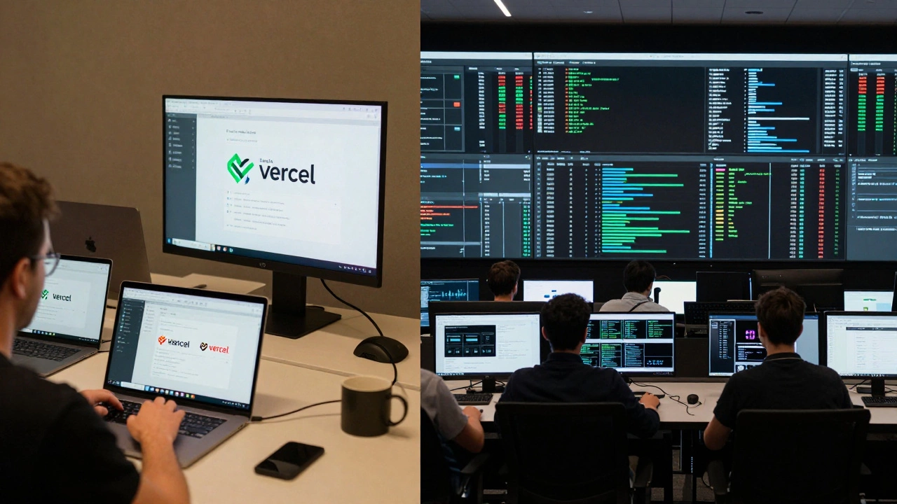 Split-screen: small team using Next.js vs Netflix engineers managing custom pipelines across devices.