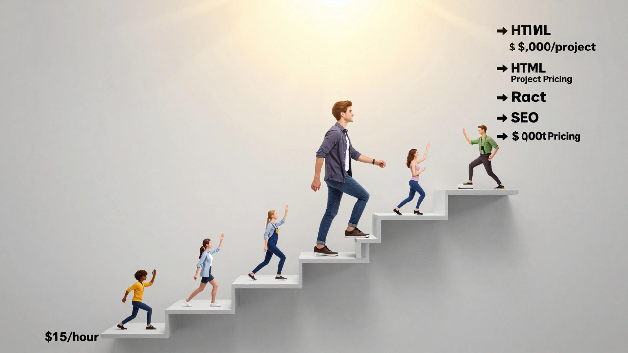 Staircase of web development skills leading upward from low pay to high-value projects, a developer climbing toward success.