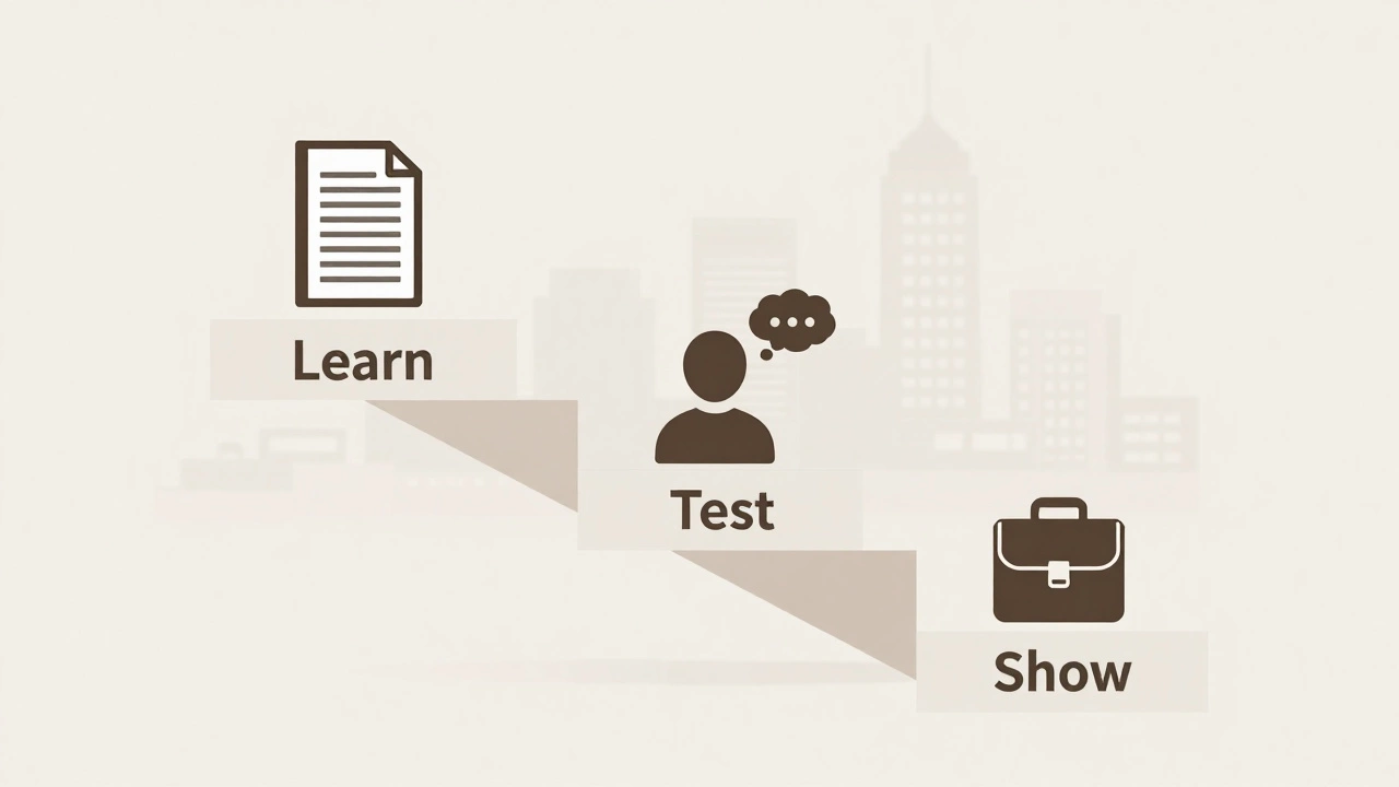 Staircase with three steps symbolizing learning, testing, and showing UX work.