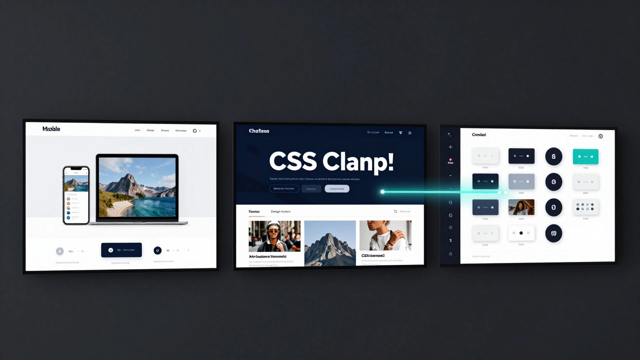 Three screens side by side: adaptive layout, fluid typography, and design system components connected by CSS variables.
