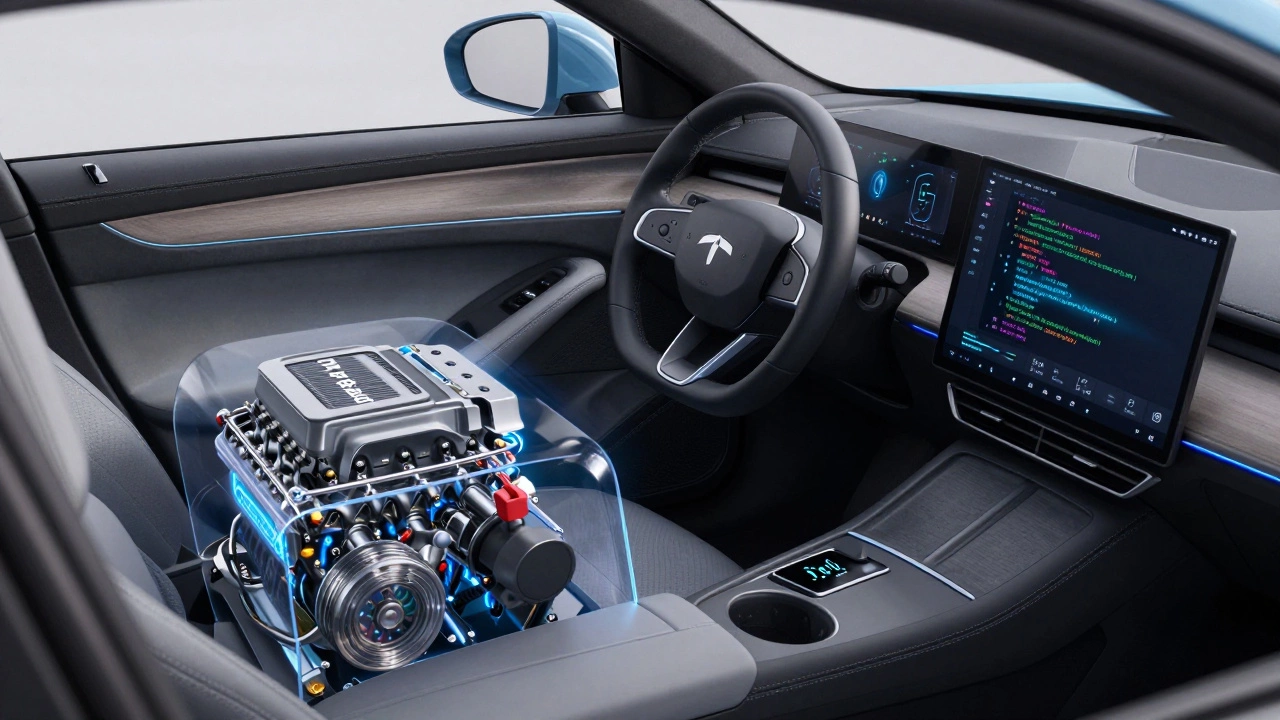 Transparent car with Python engine beneath and JavaScript dashboard controls glowing with interactive code.