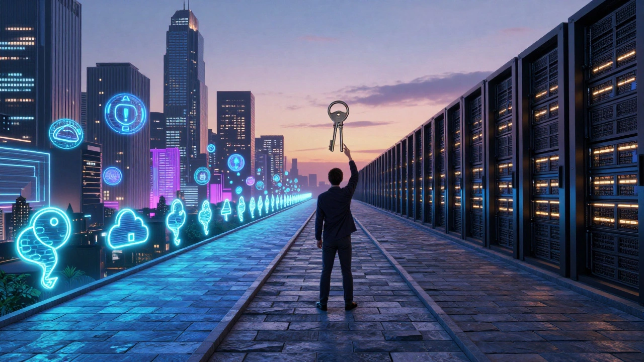 Two paths diverging: one with AI symbols, one with Java infrastructure, meeting at a central figure.