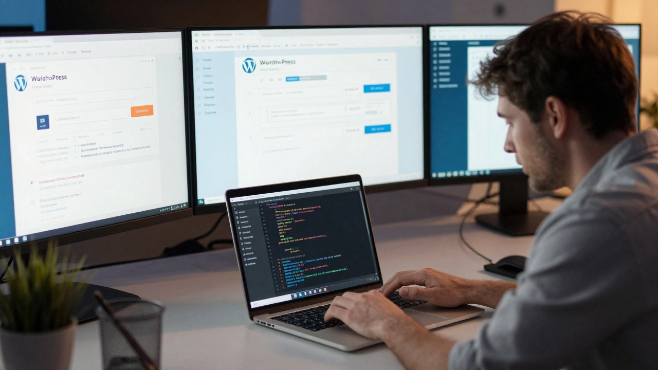 A business owner overwhelmed by broken website errors, while a developer fixes code calmly.