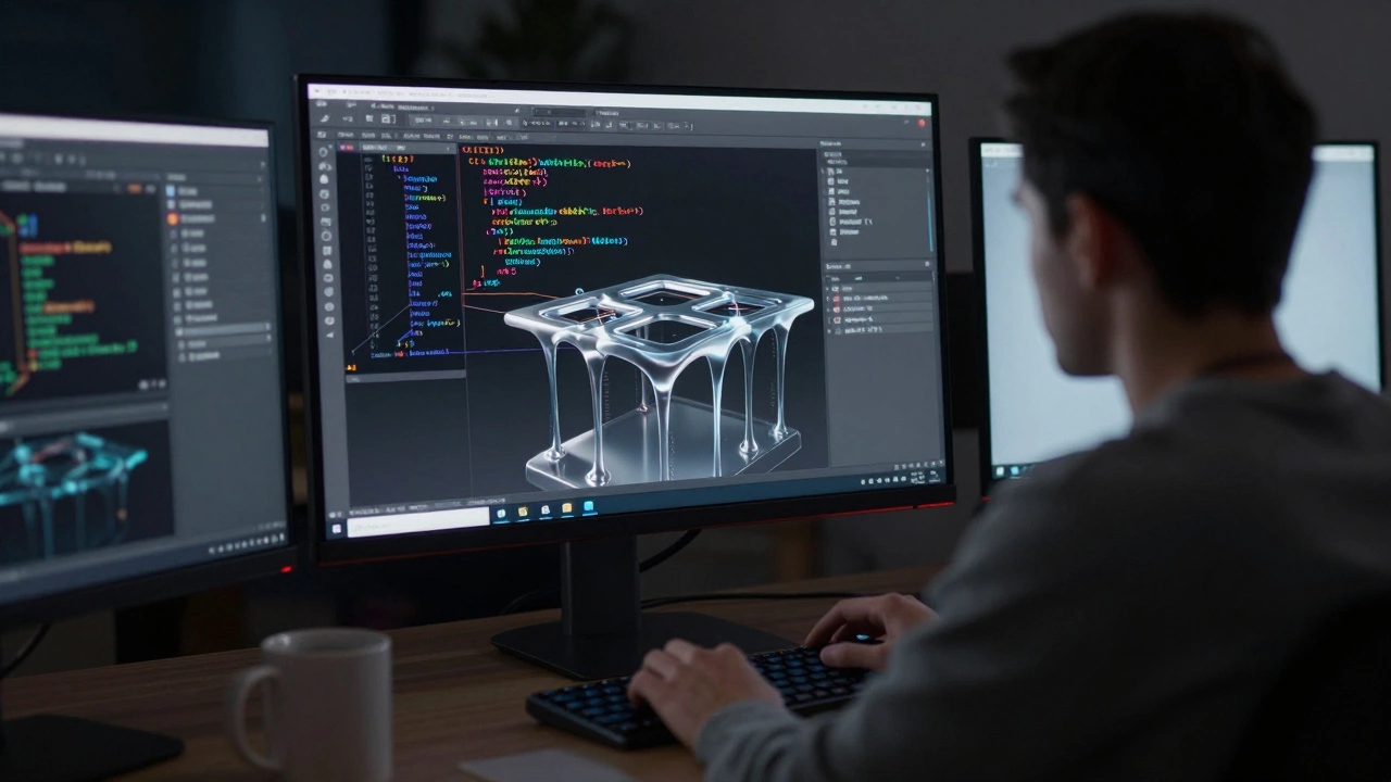 A developer working at a desk, with C++ code flowing beneath a 3D editor in the browser, hidden but essential.