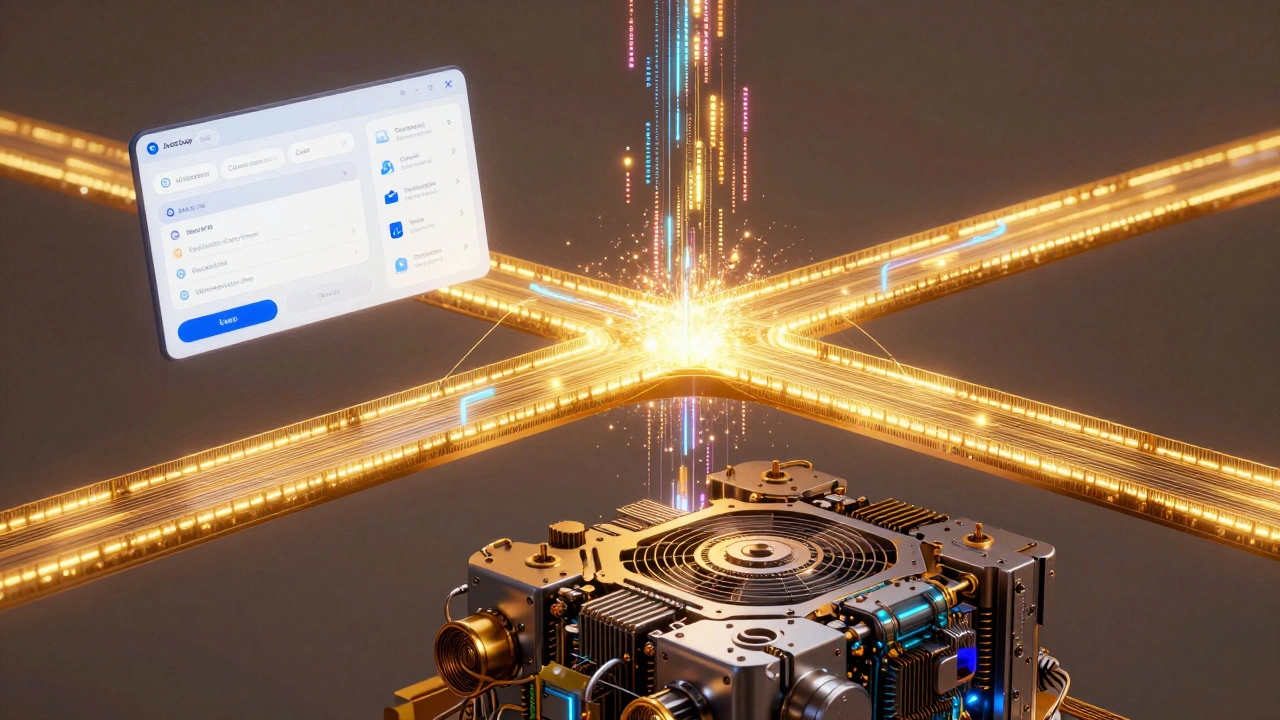 A glowing bridge of binary code connecting a JavaScript UI to a C++ engine, representing WebAssembly in web development.