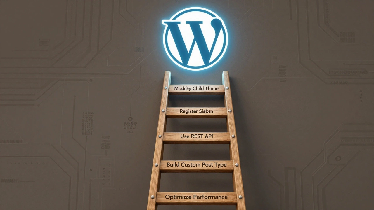 A ladder with WordPress development milestones climbing toward a digital WordPress logo.