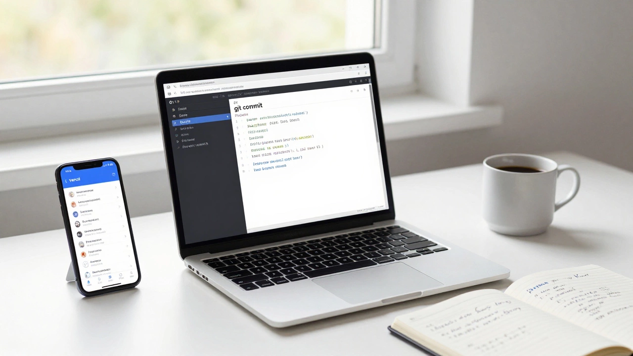 A minimalist desk with laptop displaying Git commands, smartphone showing live app, and notebook with JavaScript, Python, and SQL notes.