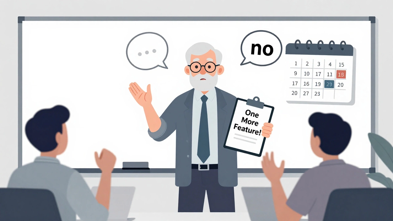 A senior developer setting boundaries with a demanding client, team supporting healthy work habits.