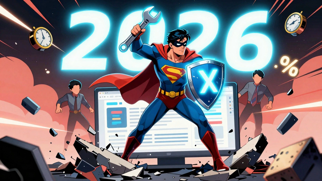 A superhero developer saving a website from chaos using PHP and JavaScript tools, with AI assistants hovering nearby.