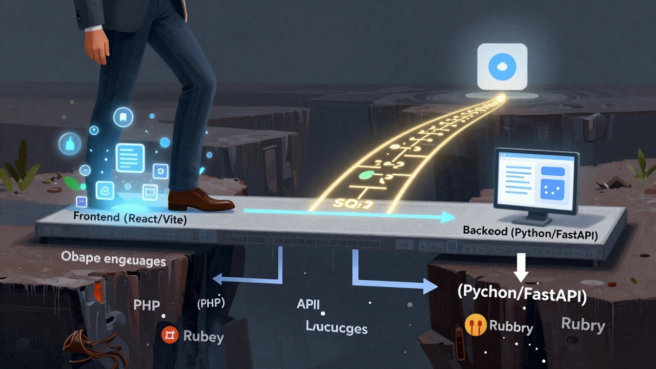 A symbolic bridge illustration connecting frontend and backend with SQL and Git paths, while outdated languages sink below.