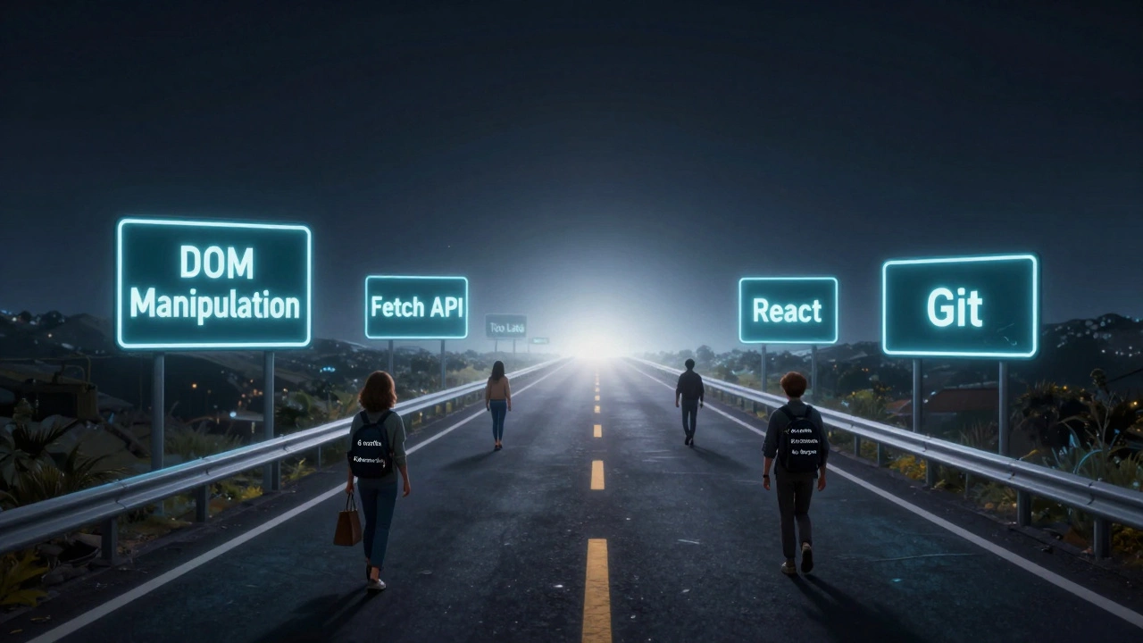 A symbolic digital path with coding milestones glowing, diverse people walking toward a bright horizon.