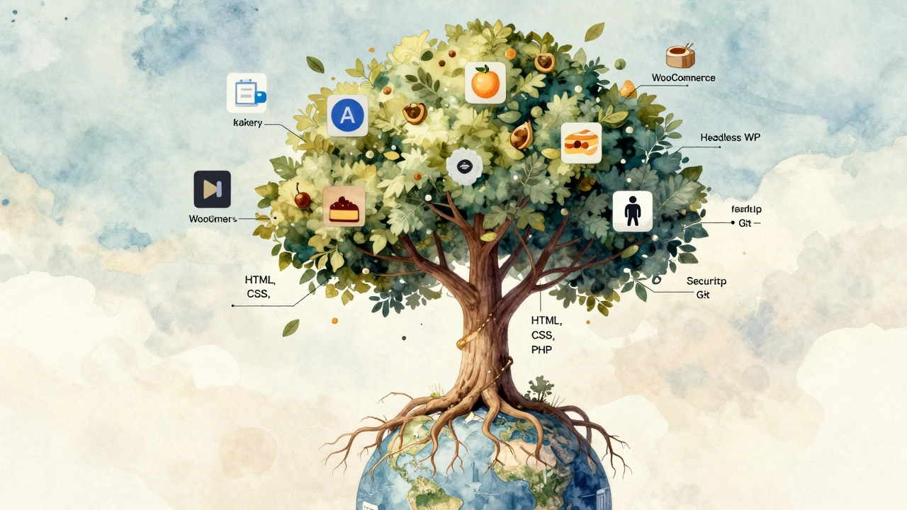 A symbolic tree with WordPress skills as roots and branches, growing from a globe and bearing client icons as fruit.