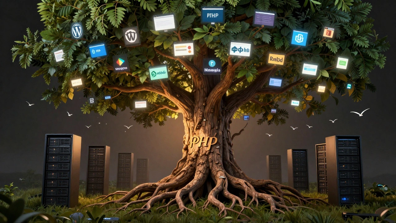 Ancient tree with server rack roots and website icons as leaves, symbolizing PHP's enduring web foundation.