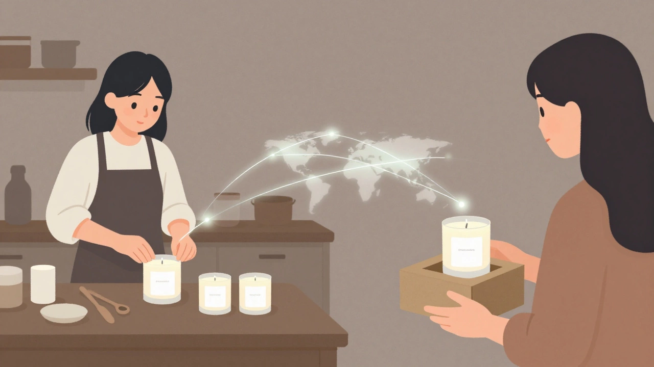 Artisan packaging candles connected by global network to customer unboxing in another country.