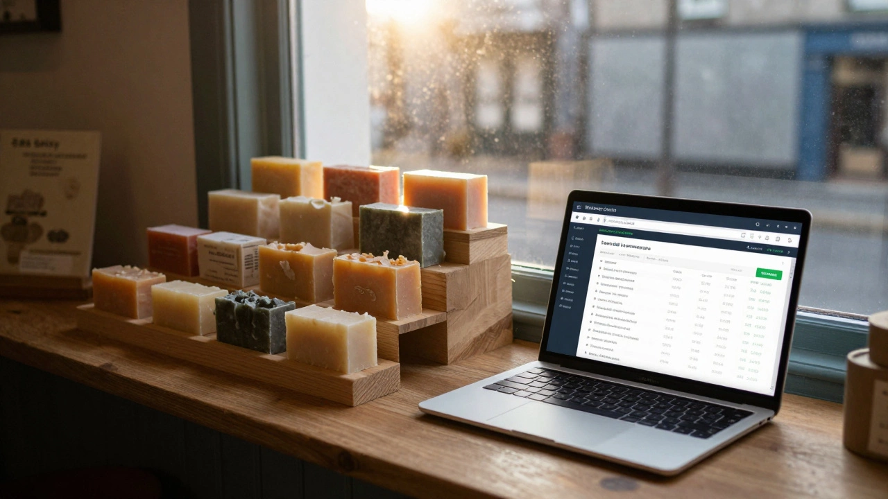 Bakery in Galway with soap products and Shopify dashboard glowing on a laptop.