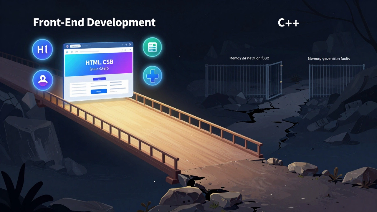 Bridge from front-end tools to website, with C++ side crumbling and dark