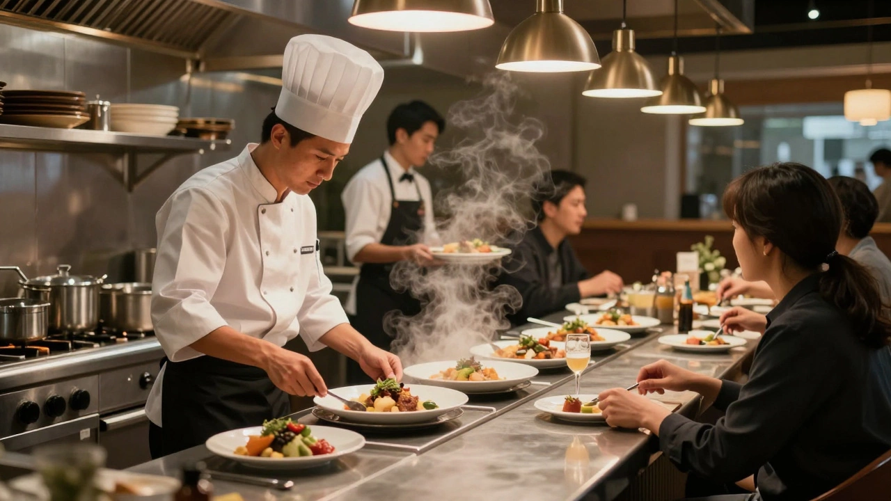 Chef preparing food in a kitchen while a waiter serves it to diners.