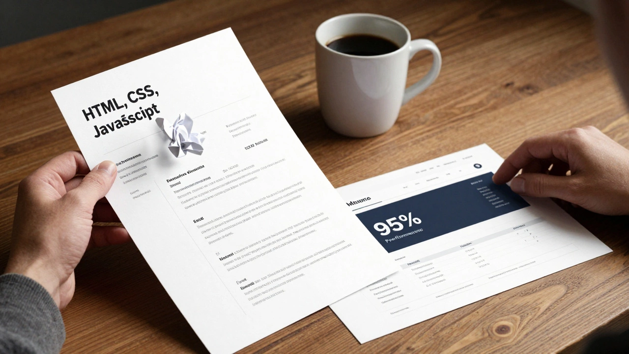 Crumpled resume next to a portfolio printout and Chrome DevTools performance report.