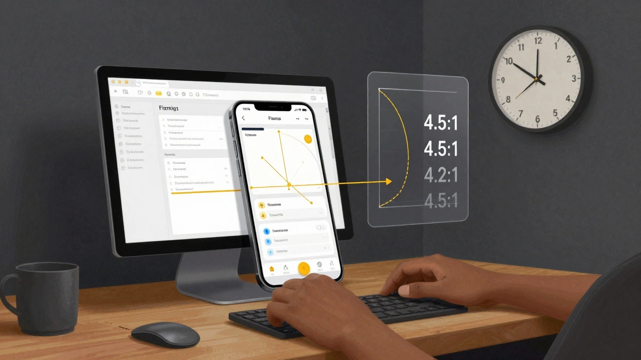 Designer reviewing wireframe with golden ratio spiral and contrast ratios floating nearby