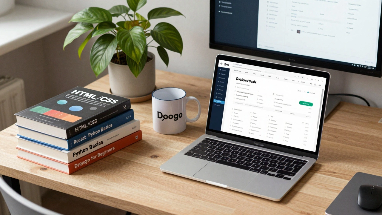 Desk with Python learning books and deployed Django app on laptop in Berlin co-working space