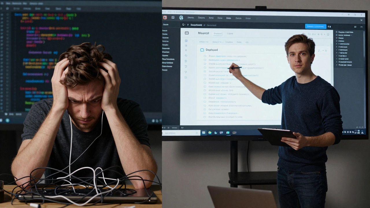 Developer at two stages: struggling with code vs. confidently presenting a web app