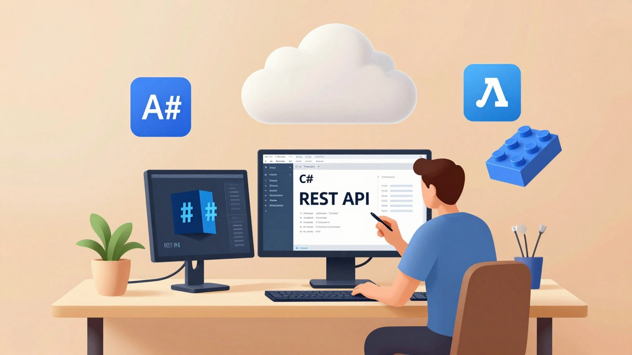 Developer building a C# API with cloud deployment icons floating nearby