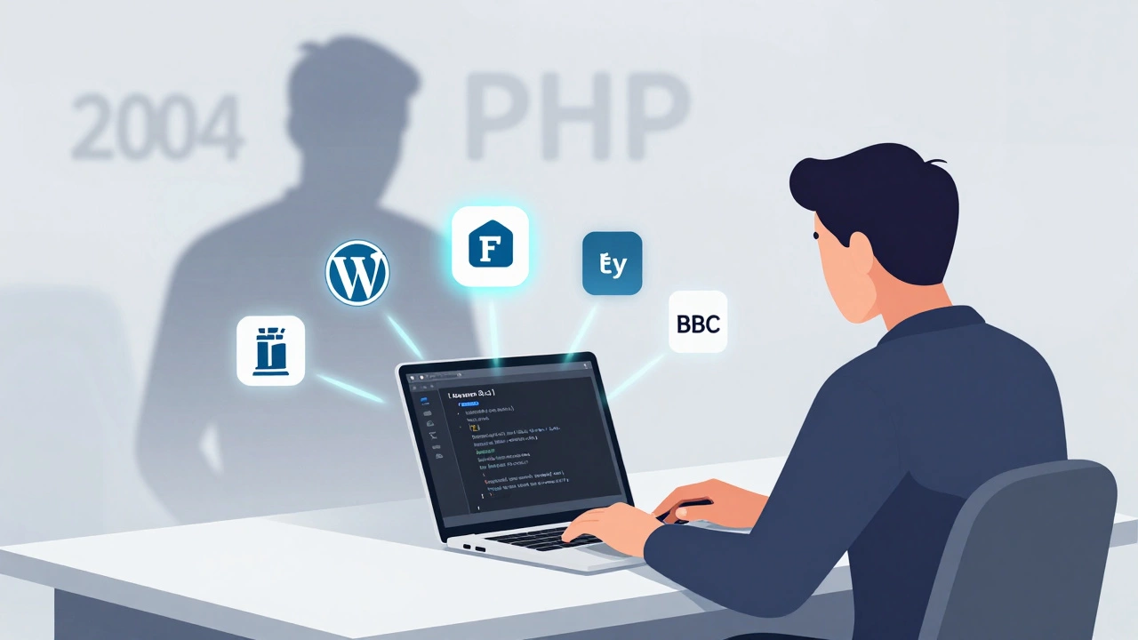 Developer coding Laravel with floating icons of major PHP-powered websites like WordPress and Etsy.