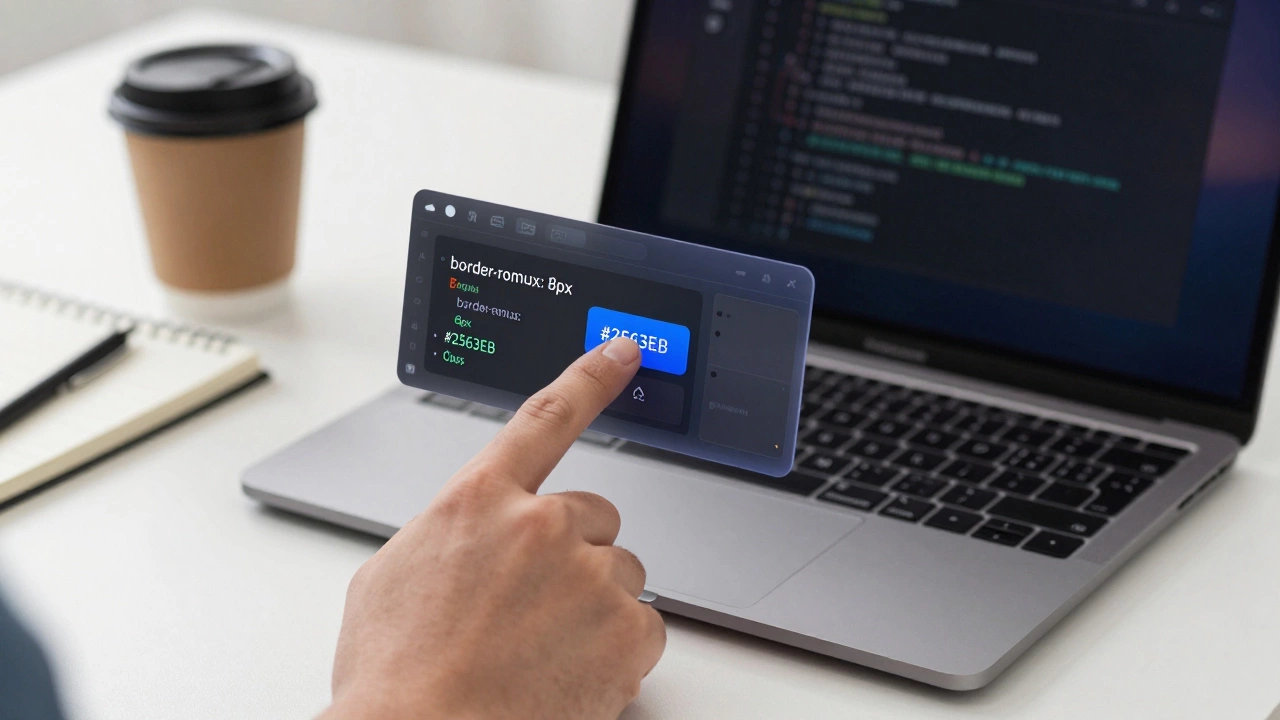 Developer viewing exact design specs like CSS values in Figma's inspect panel on a MacBook screen.
