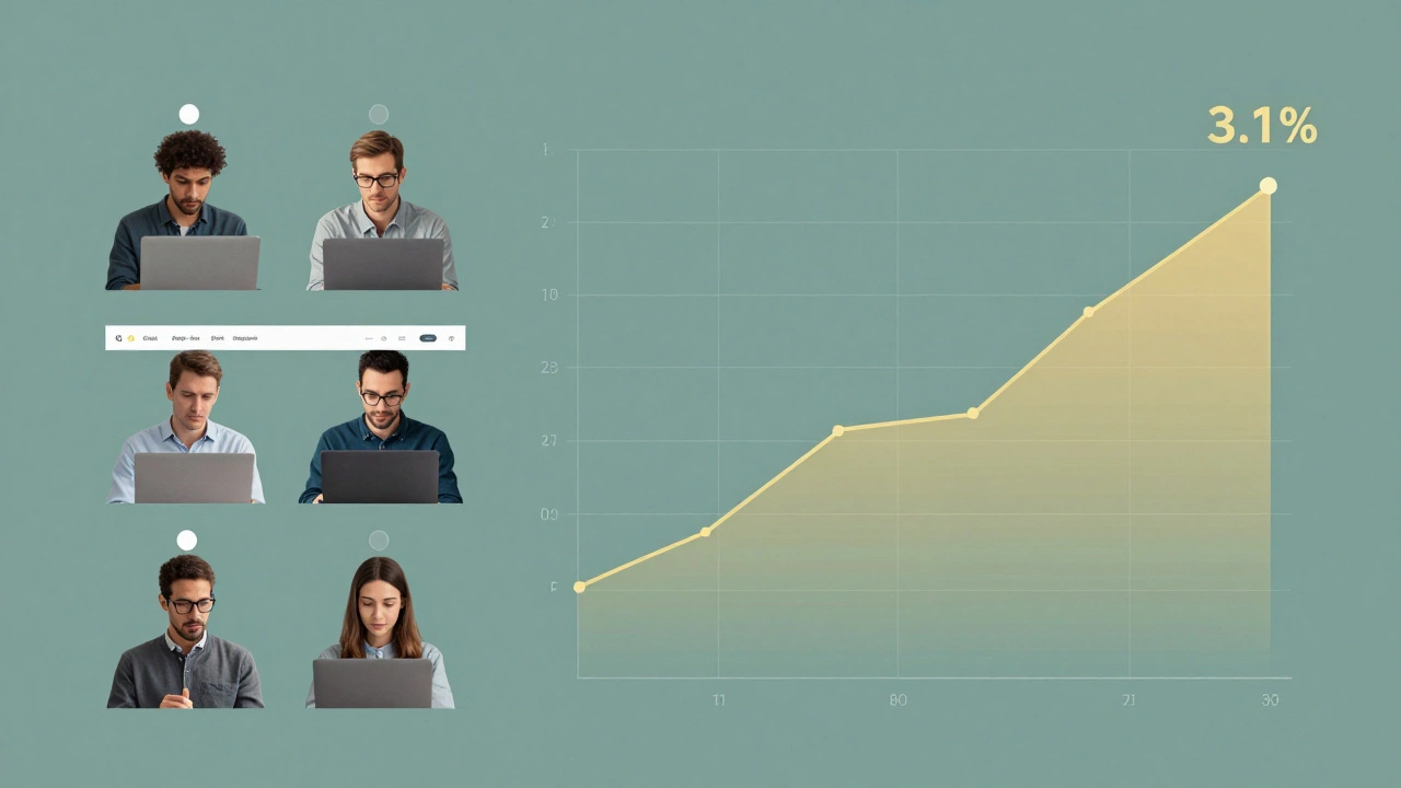 Five users interacting with a website as conversion rate graph rises beside them