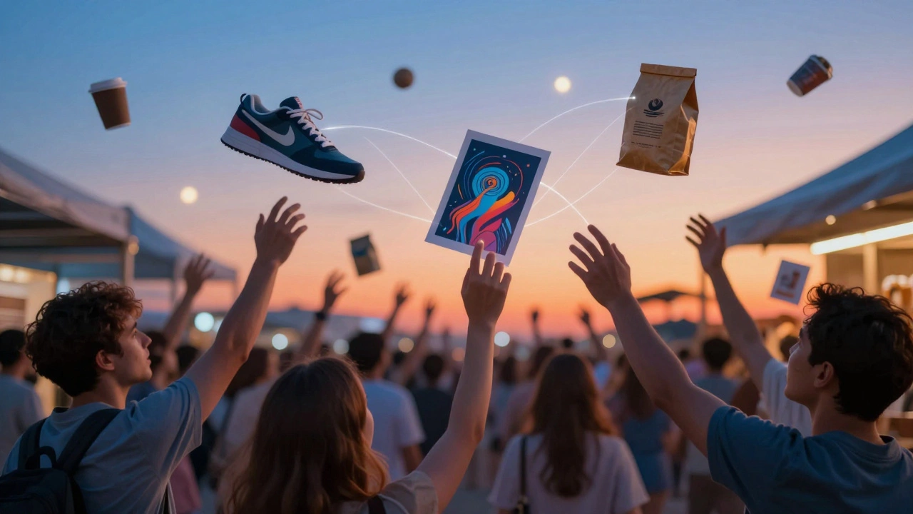 Floating products connected by glowing lines in a digital marketplace with hands from around the world.