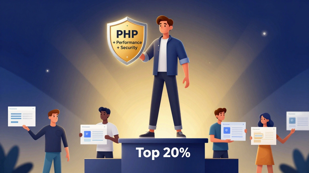 Freelance developer on podium holding shield of advanced skills above lesser-skilled workers.