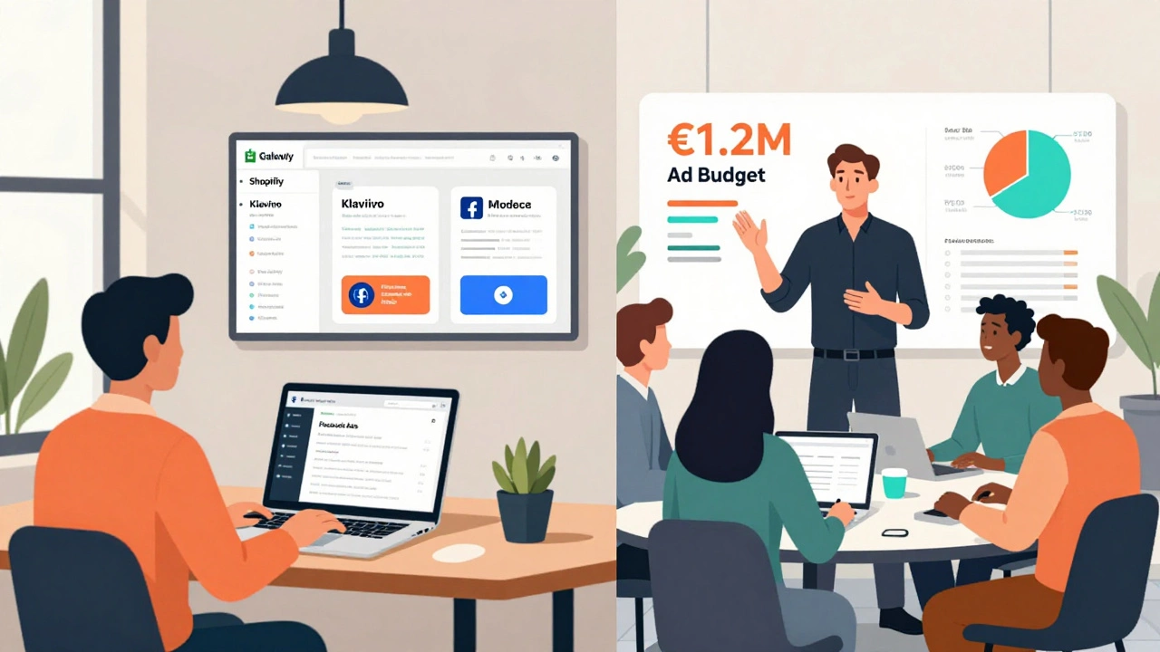 Freelancer in a café and senior manager in office, both managing eCommerce campaigns.