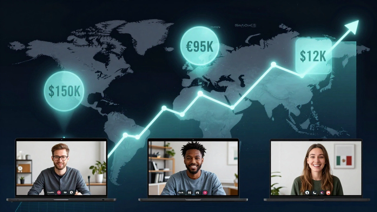Global remote UX team on video call with salary icons floating around their faces
