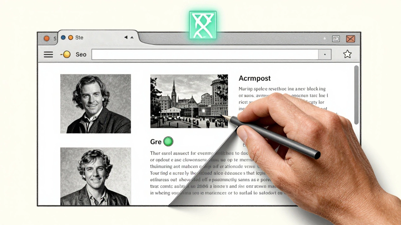 Hand adjusting a browser window as layout elements dynamically reconfigure in a technical drawing style.