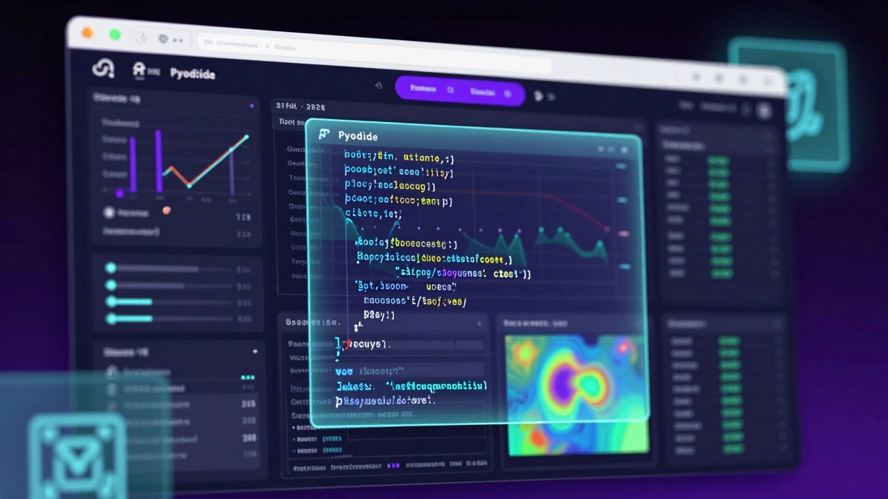 Interactive data dashboard in browser with floating Python code holograms.