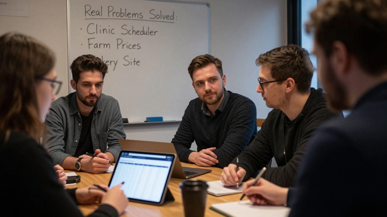 Job seeker demonstrating a budget tracker app to a recruiter at a local tech meetup.