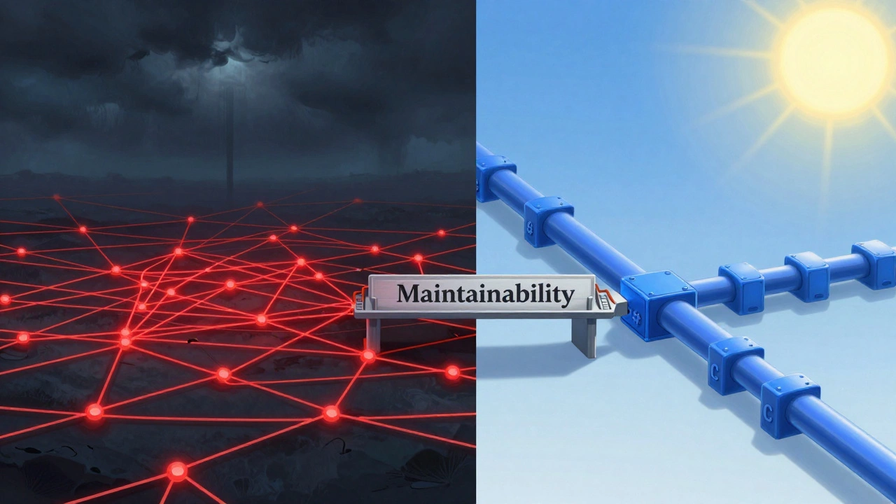 Split-screen contrast between chaotic C++ code and clean C# architecture