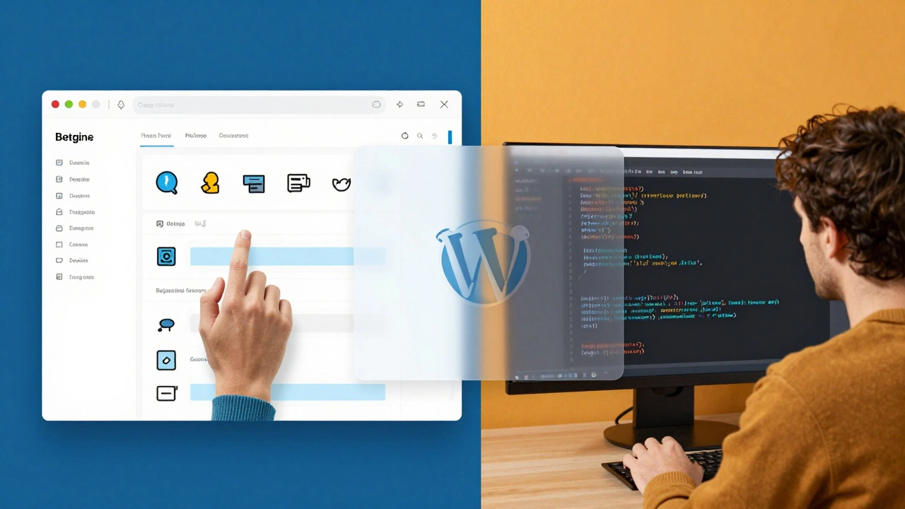 Split-screen: drag-and-drop WordPress builder vs. coding a custom plugin side by side.